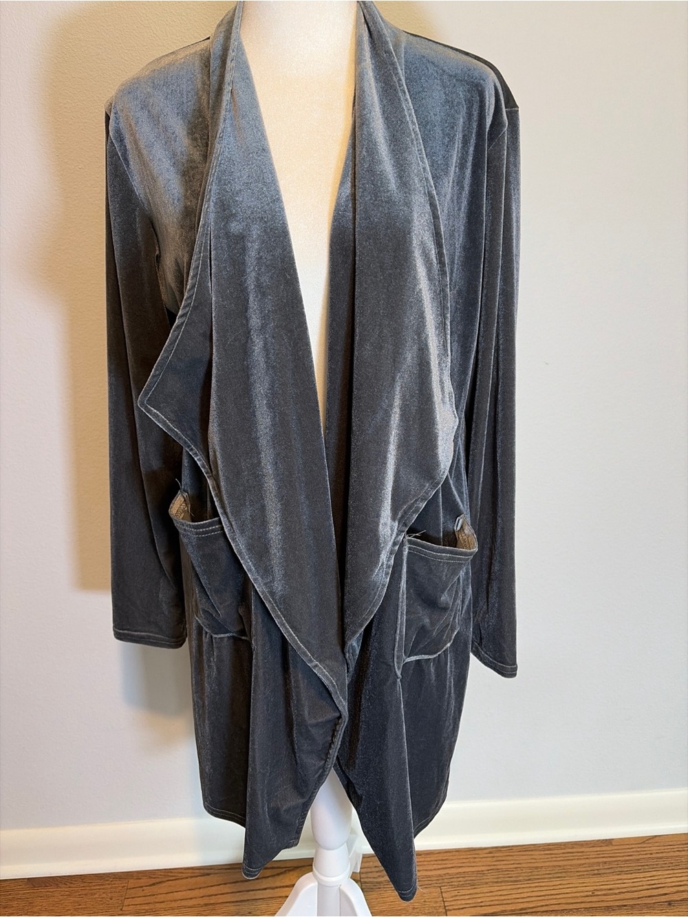 Women M Duster Velvet Cardigan Open Front Drape Longline Gray Whimsigoth Jacket